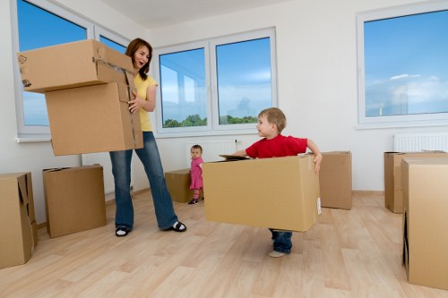 Packed boxes and protective wrapping prepared for a Stockwell relocation
