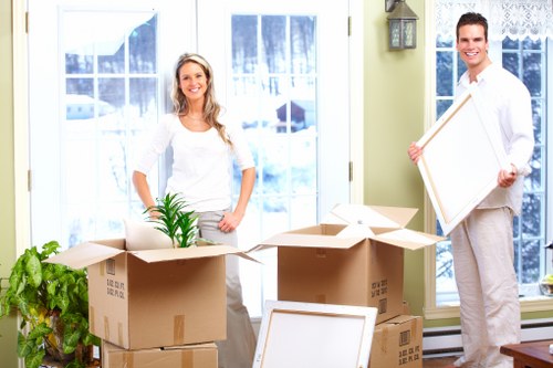 Packed office equipment ready for transport in Stockwell