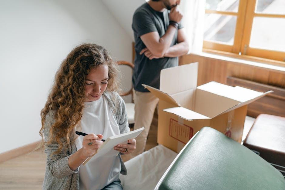 A person wearing a yellow t-shirt and blue jeans is standing indoors, holding a clipboard and a marker while preparing a packing and moving checklist. The individual is positioned amidst several open 